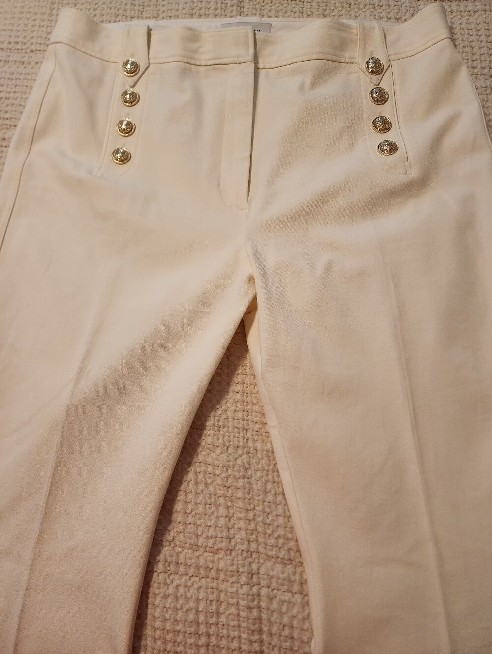 Derek Lam Cream Gold Sailor Button Flare Pants NWOT 18 Quiet Luxury Cotton - Picture 2 of 12